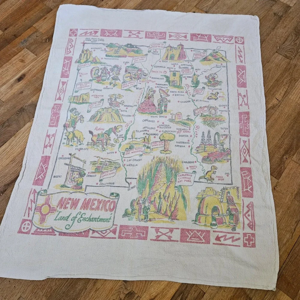 Vintage 40s Large Linen Kitchen Tea Towel New Mexico Souvenir Tourist Map 37x30